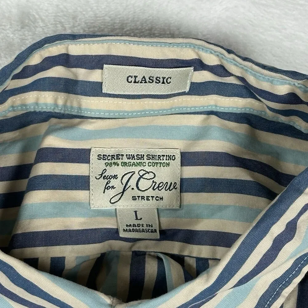 J Crew Secret Wash Shirt Mens Large Classic Blue Stripe Organic Cotton Stretch
